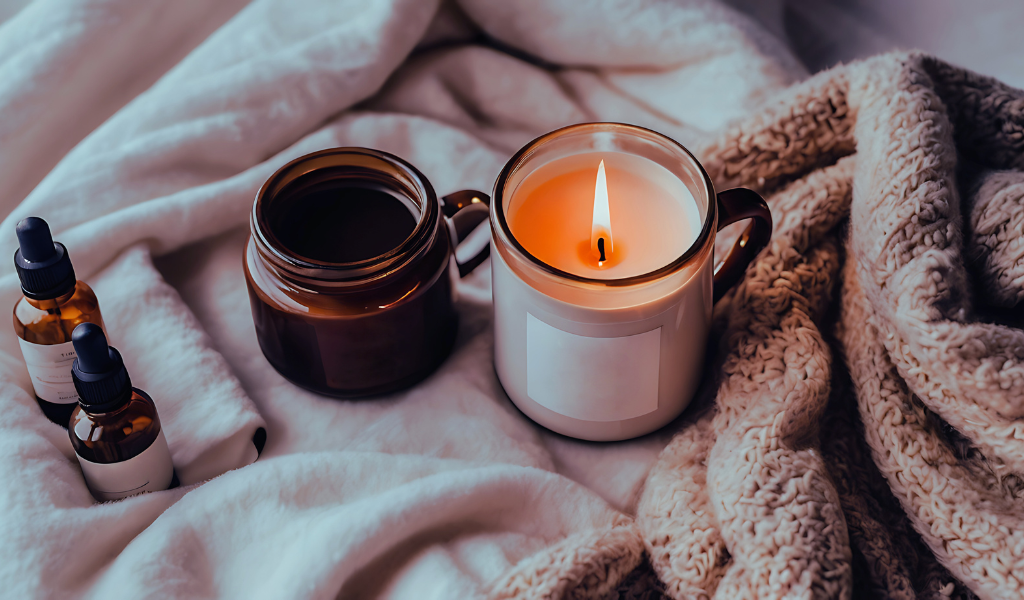 lit essential oil candle